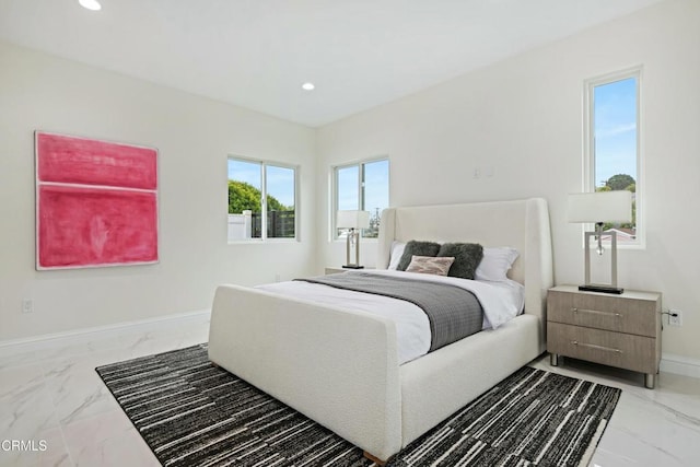 bedroom with recessed lighting, baseboards, and marble finish floor