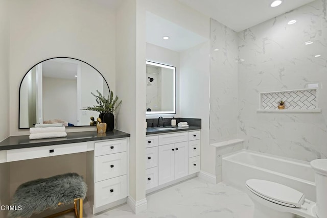 full bathroom featuring recessed lighting, toilet, marble finish floor, and vanity