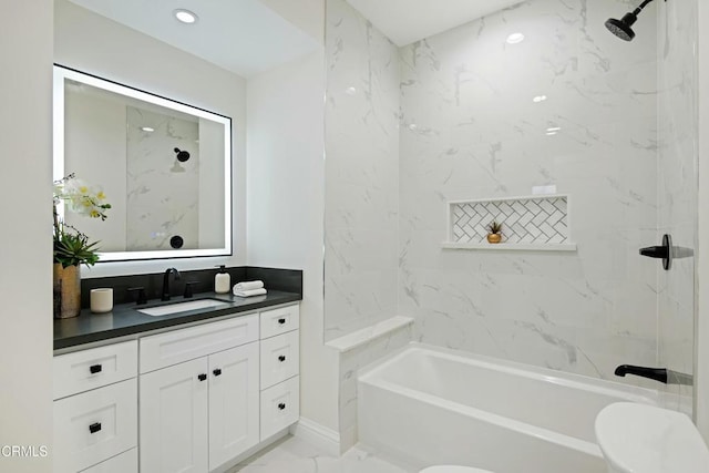 bathroom with recessed lighting, shower / bath combination, marble finish floor, and vanity