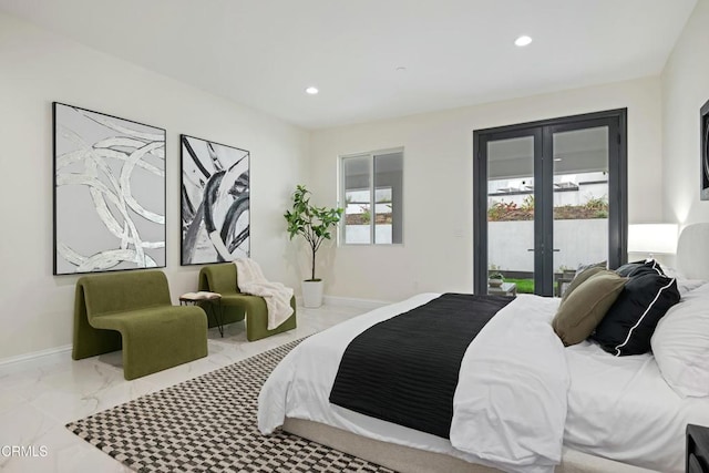 bedroom featuring marble finish floor, recessed lighting, french doors, baseboards, and access to exterior