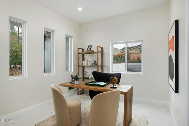 724 Via Arroyo, Ventura, CA 93003 - home office featuring marble look tiles, healthy amount of natural light, and recessed lighting