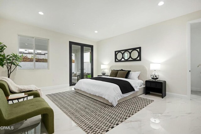 724 Via Arroyo, Ventura, CA 93003 - bedroom with french doors, recessed lighting, access to exterior, multiple windows, and light marble finish floors