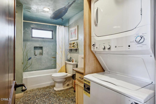 bathroom featuring toilet, stacked washer and clothes dryer, and shower / tub combo with curtain