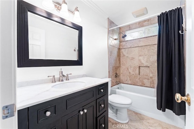 full bath featuring toilet, vanity, tile patterned floors, shower / tub combo with curtain, and crown molding