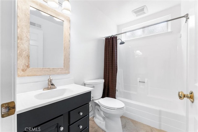 full bathroom featuring shower / bath combination with curtain, visible vents, vanity, and toilet