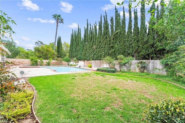 view of yard with a fenced in pool, a fenced backyard, and a patio