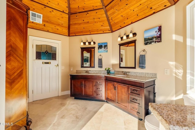 full bath featuring double vanity, lofted ceiling, visible vents, wood ceiling, and a sink