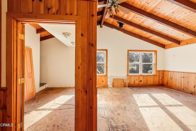 additional living space with a wainscoted wall, vaulted ceiling with beams, a ceiling fan, wood walls, and wooden ceiling