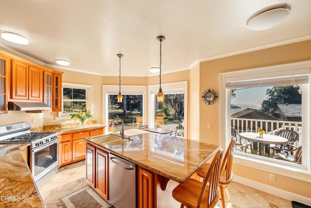 kitchen with light stone counters, a breakfast bar, stainless steel appliances, a sink, and under cabinet range hood