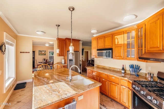 kitchen with stainless steel appliances, glass insert cabinets, a sink, light stone countertops, and under cabinet range hood