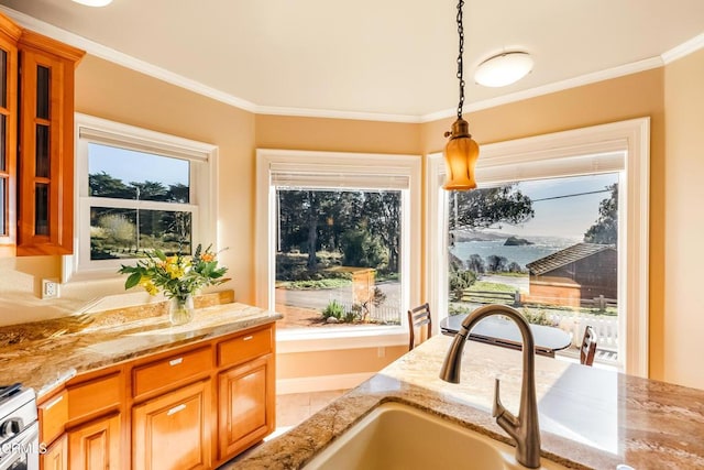 interior details featuring ornamental molding, a sink, stainless steel range with gas stovetop, and light stone countertops