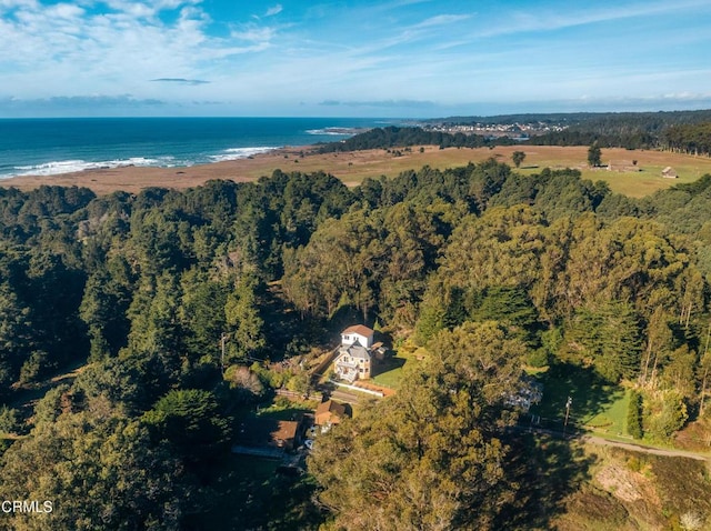 aerial view with a water view and a wooded view