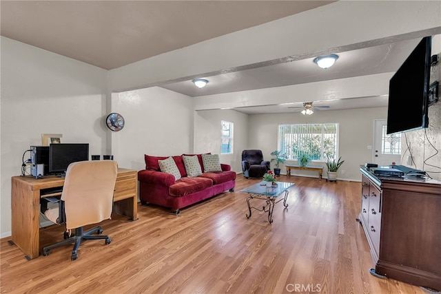 office area featuring light wood-type flooring, ceiling fan, and baseboards