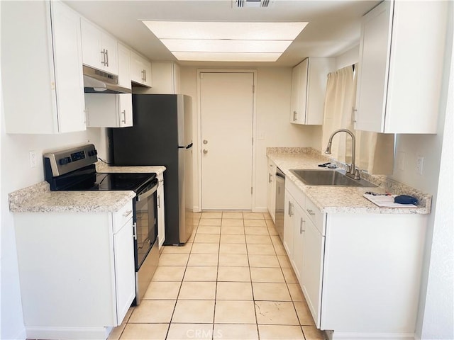 kitchen with stainless steel appliances, light countertops, white cabinets, a sink, and under cabinet range hood