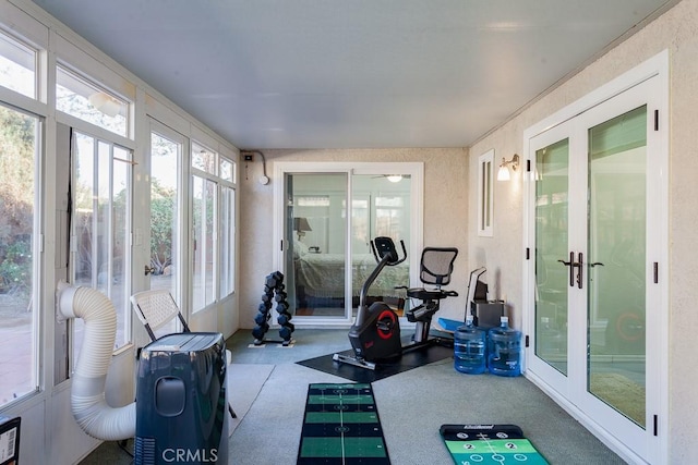 exercise room featuring a sunroom and french doors