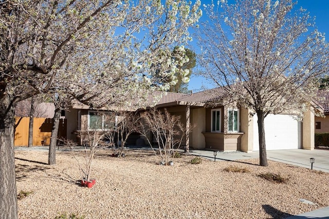 ranch-style home with an attached garage, a tile roof, concrete driveway, and stucco siding