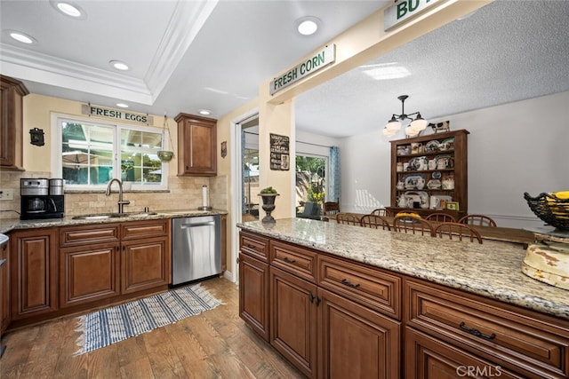 kitchen with a sink, a healthy amount of sunlight, stainless steel dishwasher, a tray ceiling, and light wood finished floors