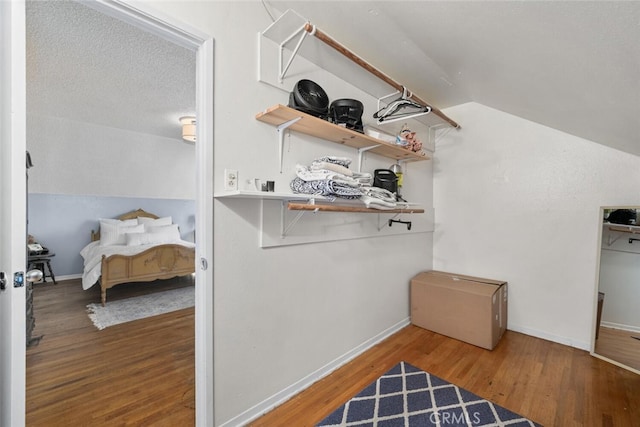 interior space featuring lofted ceiling and wood finished floors