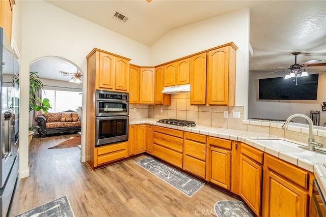 11130 Tenaya Rd, Apple Valley, CA 92308 - kitchen featuring ceiling fan, light wood-style floors, under cabinet range hood, appliances with stainless steel finishes, and lofted ceiling