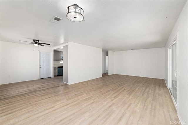 unfurnished living room with visible vents, ceiling fan, and light wood-style flooring