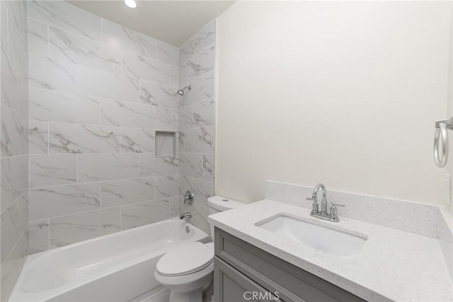 full bath with toilet, shower / tub combination, and vanity