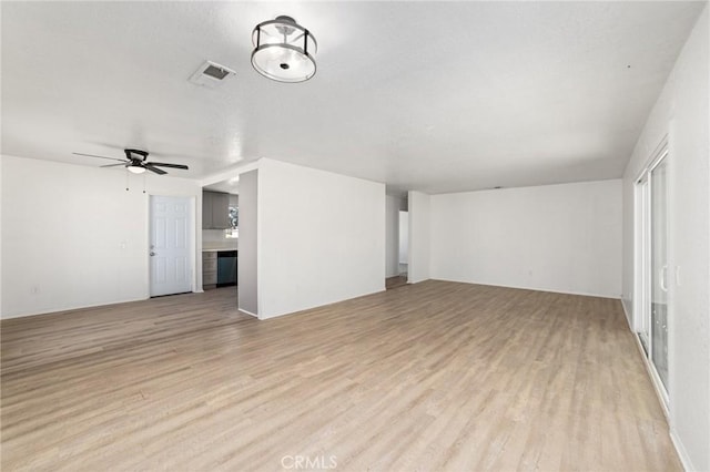 unfurnished living room featuring visible vents, light wood-style flooring, and a ceiling fan