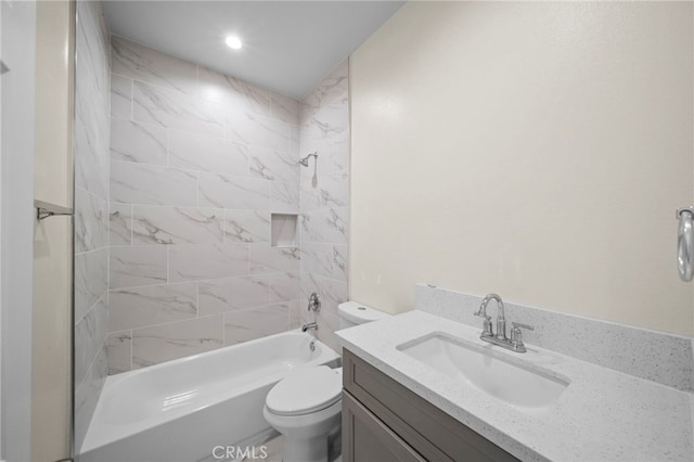 full bathroom featuring  shower combination, recessed lighting, vanity, and toilet