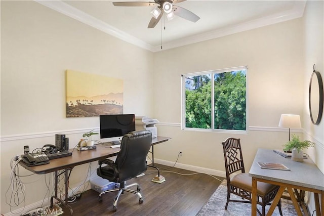 office space featuring baseboards, ornamental molding, ceiling fan, and wood finished floors