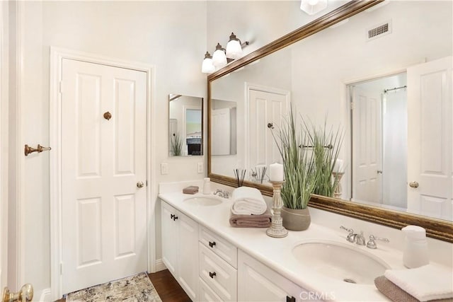 bathroom featuring visible vents, a sink, and double vanity