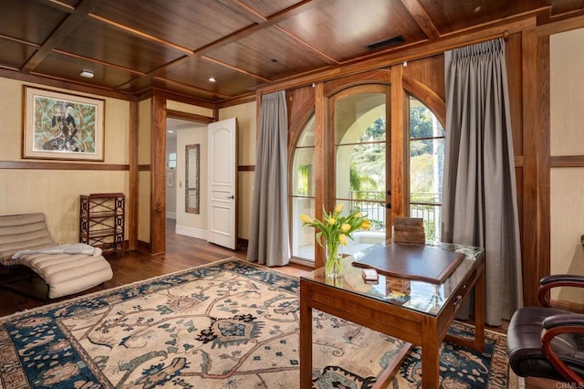 sitting room featuring wood ceiling, coffered ceiling, dark wood-style flooring, and wooden walls
