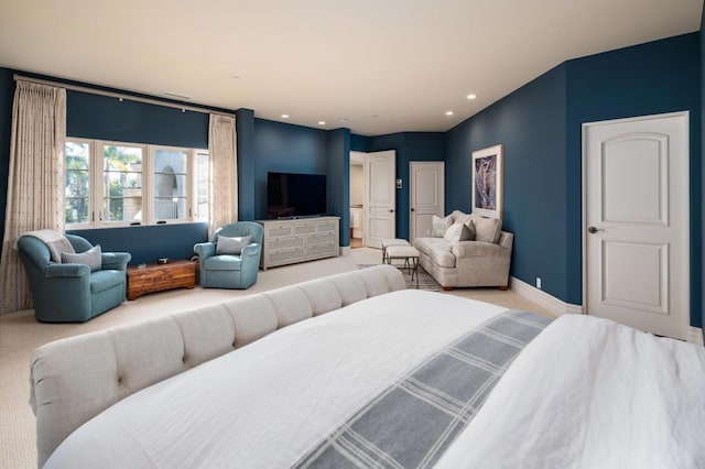 bedroom featuring baseboards, carpet, and recessed lighting