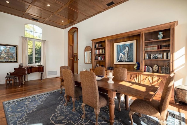 14479 Emerald Ln, Rancho Santa Fe, CA 92067 - dining room with wood finished floors, wooden ceiling, arched walkways, recessed lighting, and baseboards