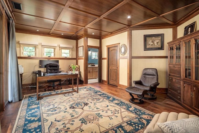14479 Emerald Ln, Rancho Santa Fe, CA 92067 - office space featuring wood ceiling, hardwood / wood-style flooring, coffered ceiling, and baseboards