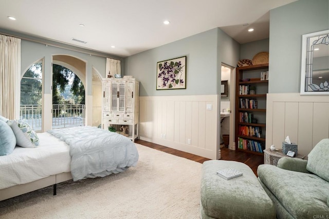 14479 Emerald Ln, Rancho Santa Fe, CA 92067 - bedroom with wood finished floors, wainscoting, recessed lighting, and access to exterior