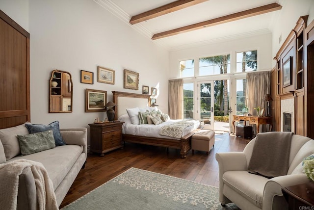 14479 Emerald Ln, Rancho Santa Fe, CA 92067 - bedroom with access to outside, beamed ceiling, wood-type flooring, a towering ceiling, and ornamental molding