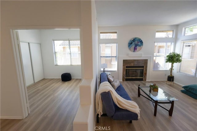 living area with a healthy amount of sunlight, baseboards, wood finished floors, and a high end fireplace