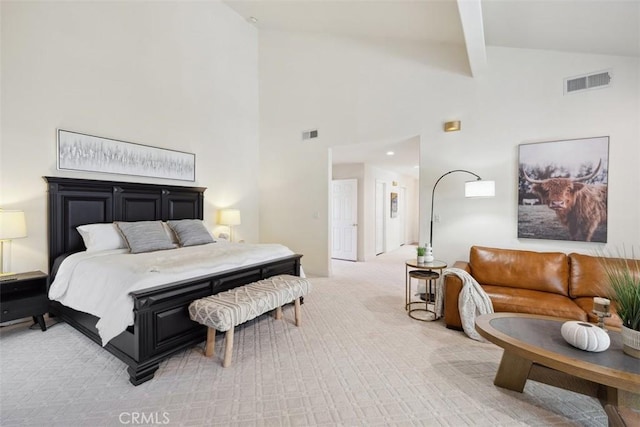 bedroom with high vaulted ceiling, beam ceiling, visible vents, and light colored carpet