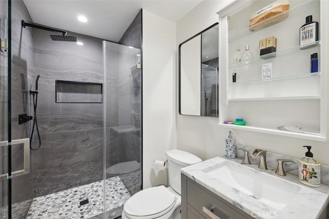 bathroom with a shower stall, toilet, and vanity