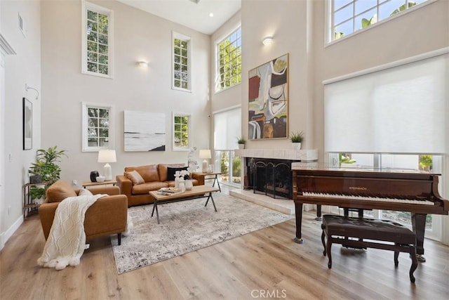 living area featuring a wealth of natural light, a fireplace with raised hearth, a high ceiling, and wood finished floors