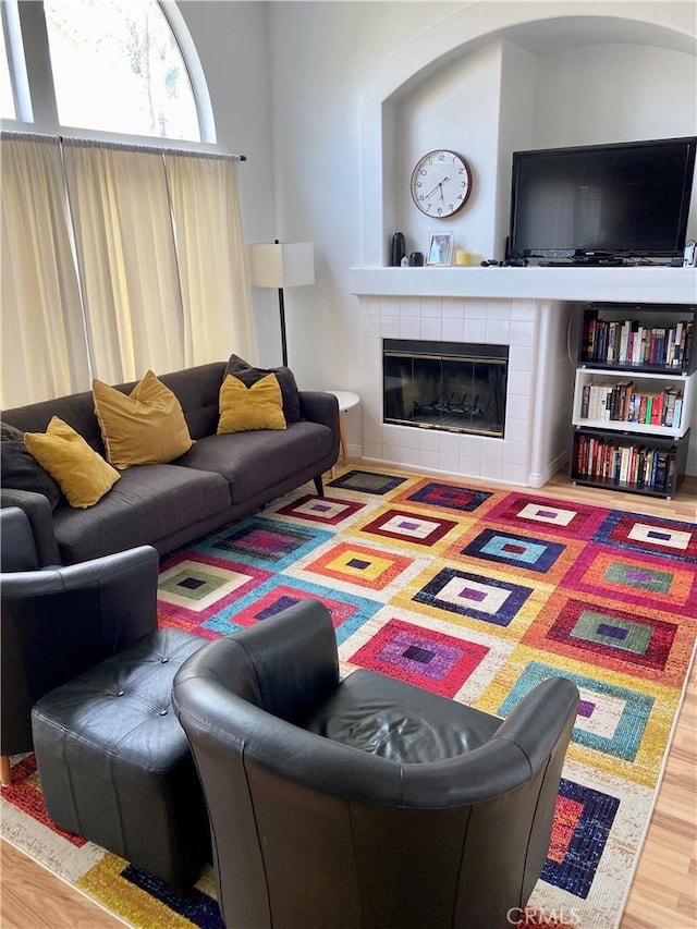 living room featuring a fireplace and wood finished floors