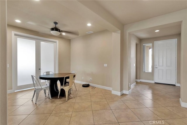 dining space featuring visible vents, baseboards, ceiling fan, light tile patterned flooring, and recessed lighting