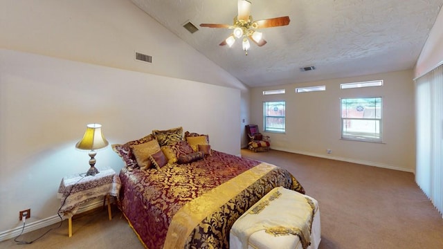 carpeted bedroom featuring visible vents, vaulted ceiling, and a ceiling fan