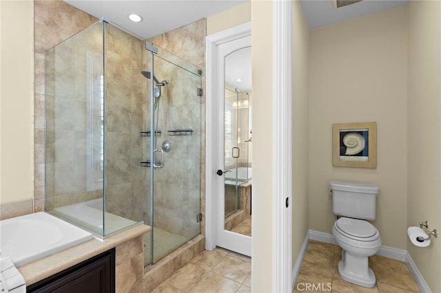 full bath with tile patterned flooring, a shower stall, baseboards, toilet, and a bath