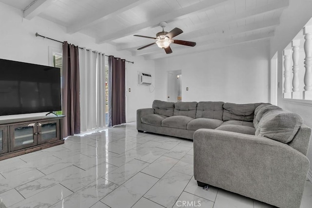 living room with wooden ceiling, ceiling fan, beamed ceiling, marble finish floor, and an AC wall unit