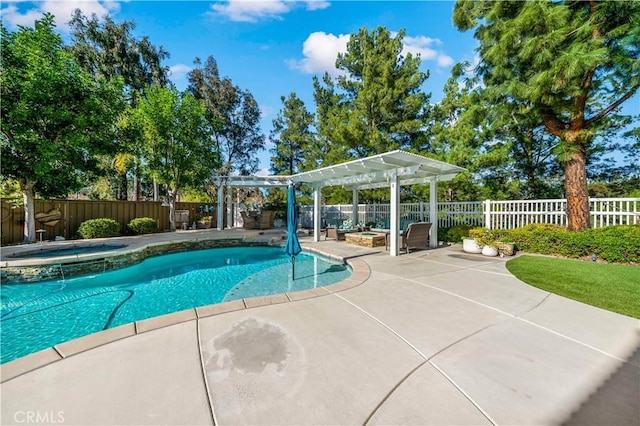 view of swimming pool featuring a fenced in pool, a patio, a pergola, an in ground hot tub, and a fenced backyard