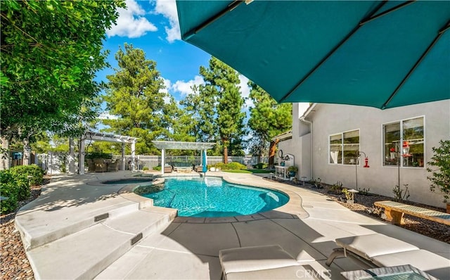 view of pool featuring a fenced in pool, a fenced backyard, a patio, and a pergola