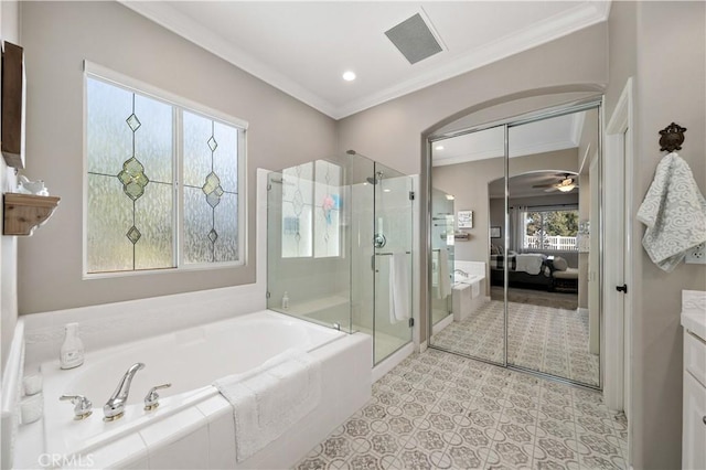 full bath featuring ornamental molding, a stall shower, and connected bathroom