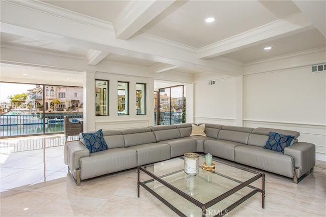 living area with crown molding, recessed lighting, visible vents, and beamed ceiling