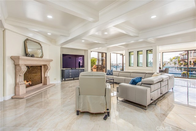 living area with a premium fireplace, baseboards, marble finish floor, beamed ceiling, and crown molding