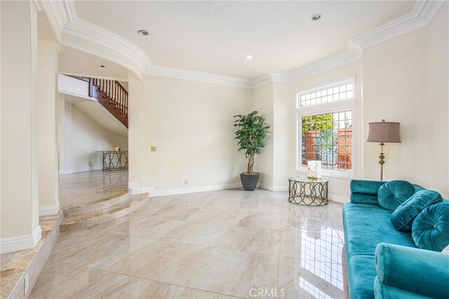 living area with marble finish floor, crown molding, recessed lighting, baseboards, and stairs